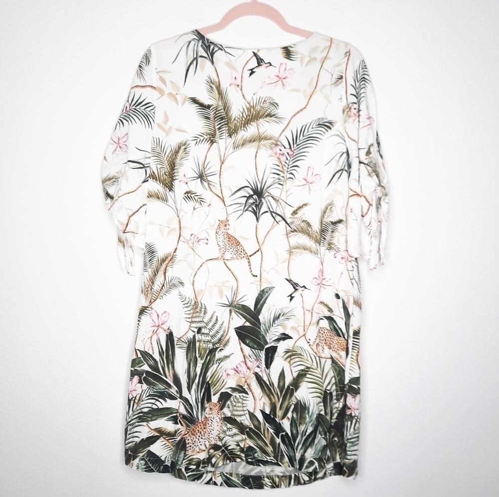 H&M Natural White Leaf-Patterned Jungle Dress w/ Tie Sleeves 10